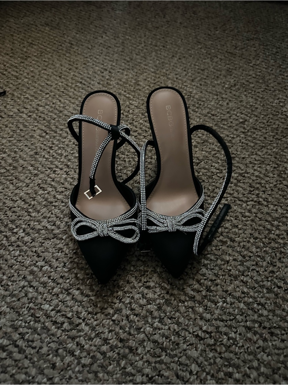 BCBGeneration Black Pointed Slingback Heels with Rhinestone Bow
